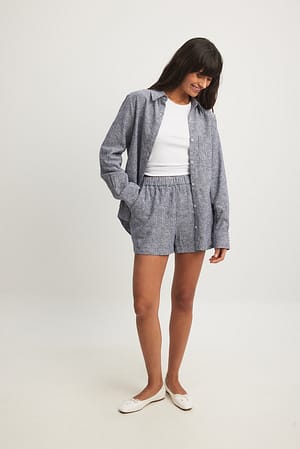 Blue/White Korte broek van linnenmix met elastische taille