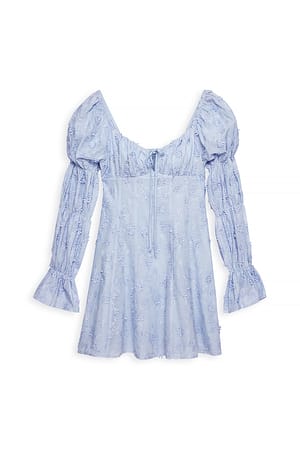 Blue Embroidered Ruched Sleeve Mini Dress