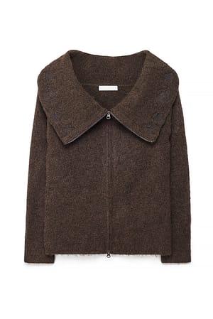 Dark Brown Embroidery Detail Knitted Cardigan