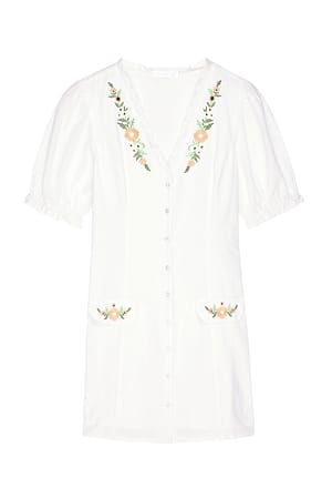 White Embroidery Detail Buttoned Mini Dress