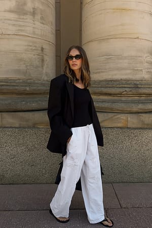 White Embroidery Detail Loose Pants