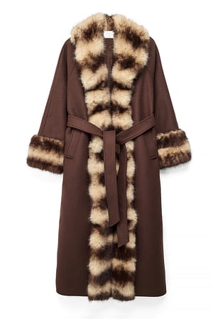 Dark Brown Faux Fur Wool Blend Maxi Coat