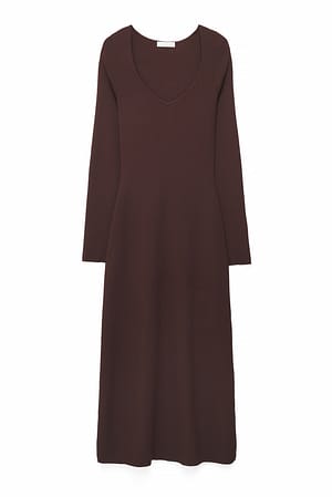 Dark Brown Fine Knitted Trumpet Sleeve Midi Dress
