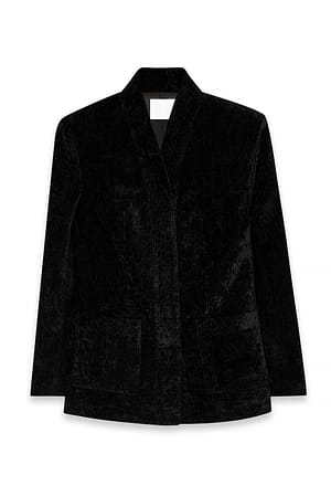 Black taillierter Chenille-Blazer mit hohem Kragen