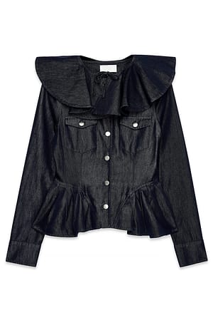 Dark Blue Flounce Collar Denim Blouse-