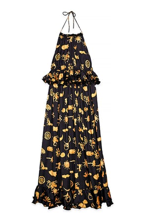 Print Robe longue dos nu à volants à la taille