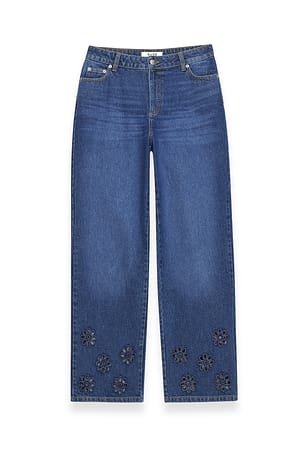 Blue Wash Jeans med middels liv og åpne blomster