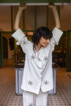 Beige Flower Detail Oversized Shirt