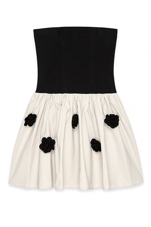 Black/Beige Flower Detail Volume Skirt Mini Dress