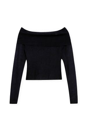 Black Folded Offshoulder Knitted Top