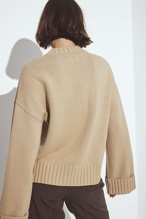 Beige Folded Sleeve Knitted Sweater