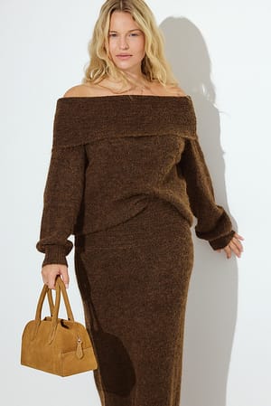 Brown Folded Waist Knitted Maxi Skirt