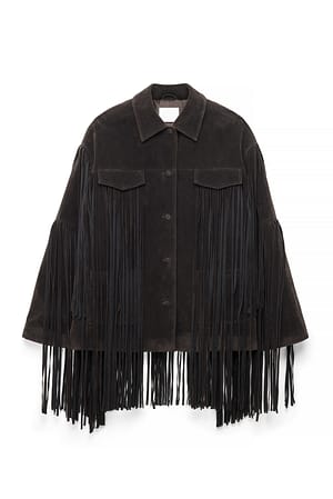 Dark Brown Fringe Detail Faux Suede Jacket