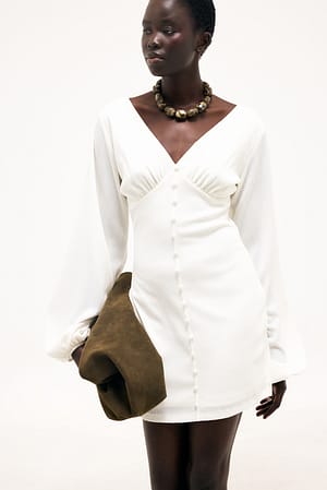 Offwhite Front Button Balloon Sleeve Mini Dress
