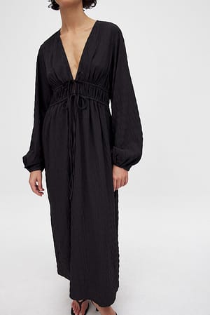 Black Gathered Drawstring Midi Dress