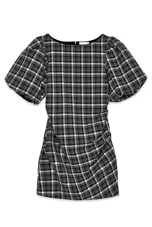 Checkered Minikleid mit Puffärmeln und Raffung