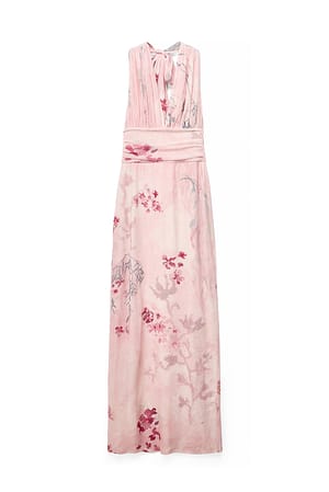 Light Pink Print Maxikjole med halterneck og knyting