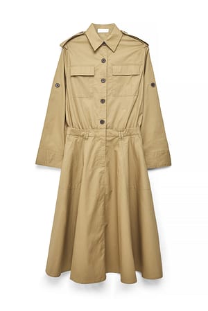 Taupe Heavy Cotton Midi Cargo Shirt Dress