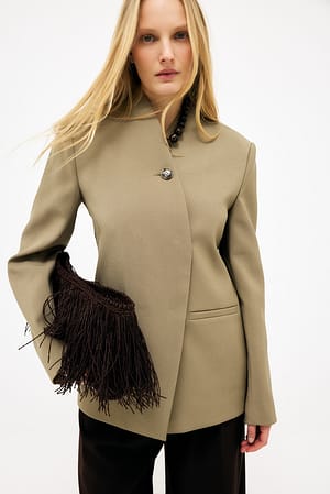 Khaki Green Blazer boutonné sur le devant à col montant