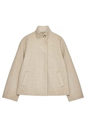 Beige Melange High Neck Short Coat