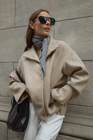 Beige Melange High Neck Short Coat