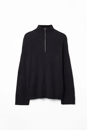Black High Neck Zipped Knitted Sweater