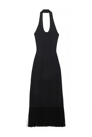 Black Strickkleid mit Fransen und Rundhalsausschnitt