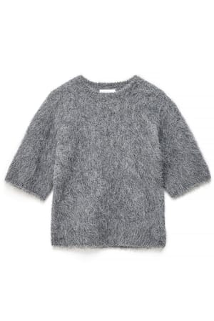 Grey Melange kurzärmeliger Strickpullover aus Alpakamischung