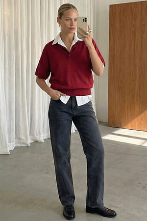 Red kurzärmeliges Stricktop mit Kragen