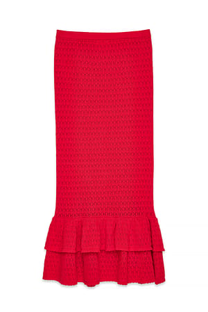 Red Knitted Crochet Flounce Maxi Skirt