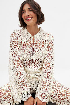 Offwhite Knitted Crochet Long Sleeve Top