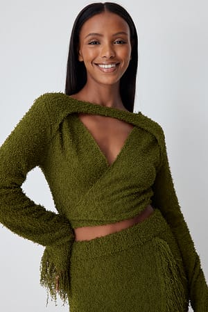 Khaki Knitted Overlap Fringe Detail Sweater