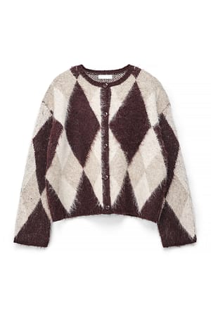 Burgundy/Pink Checks Knitted Oversized Check Cardigan