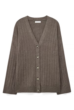 Taupe Knitted Rib V-Neck Cardigan