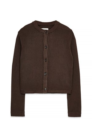 Dark Brown Stickad kofta med rund halsringning