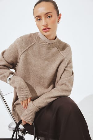 Beige Melange Pull en maille de laine mélangée à encolure ronde