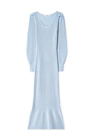 Dusty Blue Knitted Scoop Neck Puff Sleeve Dress