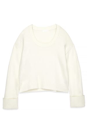 Offwhite Knitted Scoop Neck Wool Blend Sweater