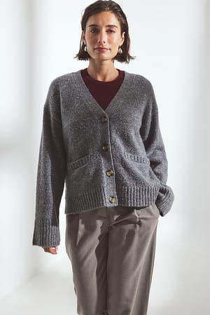 Mid Grey Mel Strikket cardigan i ullblanding