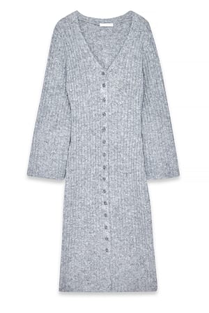 Grey Knitted Wool Blend Cardigan Maxi Dress