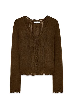 Brown Strikket sweater i uldblanding med pointelle