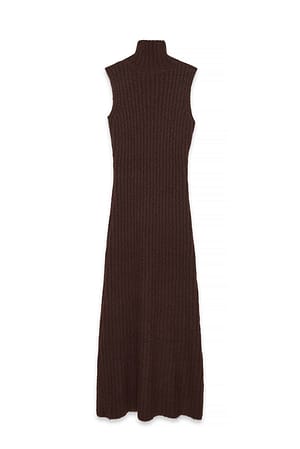 Warm Brown Knitted Wool Blend Turtleneck Maxi Dress