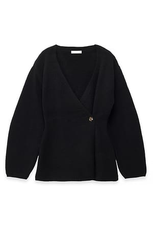 Black Knitted Wool Blend Wrap Cardigan