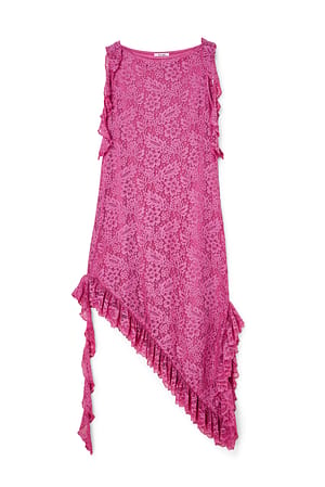 Pink Midikjole med blonder og flæser