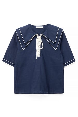 Navy Lacing Detail Cotton Blouse