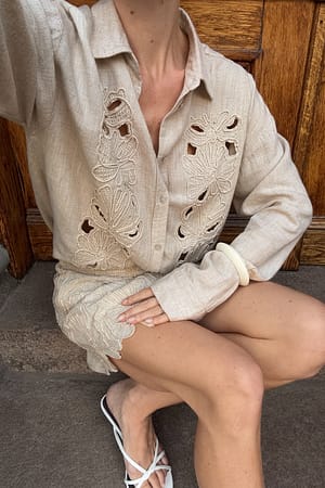 Beige Linen Blend Anglaise Detail Shirt