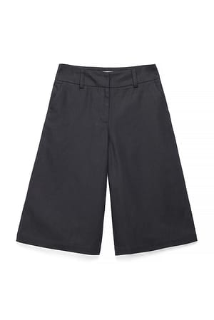 Black Linen Blend Bermuda Mid Waist Shorts