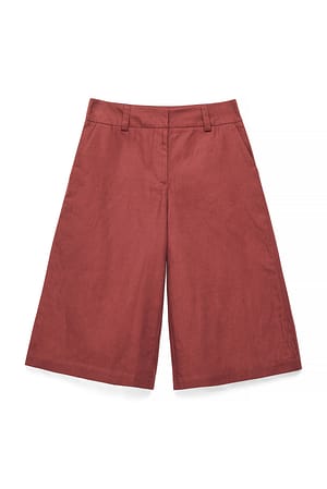 Dark Red Linen Blend Bermuda Mid Waist Shorts