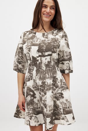 Print Mini-jurk van linnenmix met naaddetail