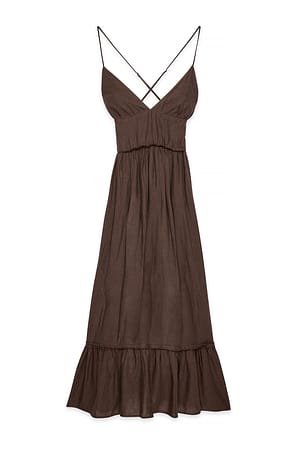 Brown Linen Blend Strap Midi Dress